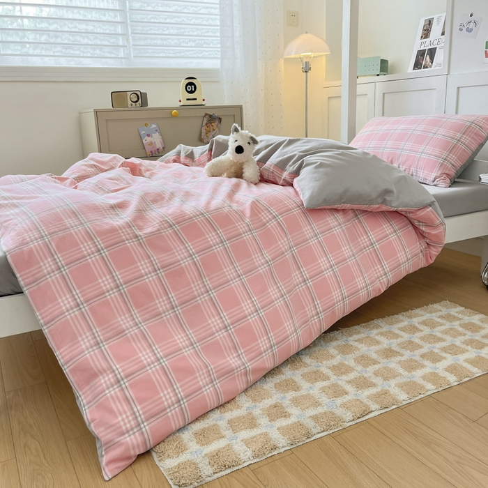 91家纺网 家纺一手货源 找家纺 ab家纺  2025新款40支A类水洗棉学生三件套 富士格-粉