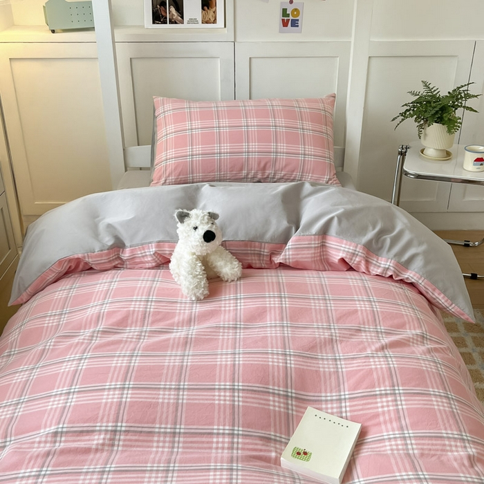 91家纺网 家纺一手货源 找家纺 ab家纺  2025新款40支A类水洗棉学生三件套 富士格-粉