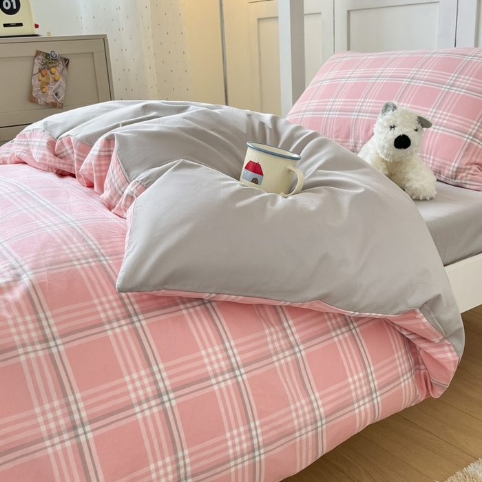 91家纺网 家纺一手货源 找家纺 ab家纺  2025新款40支A类水洗棉学生三件套 富士格-粉