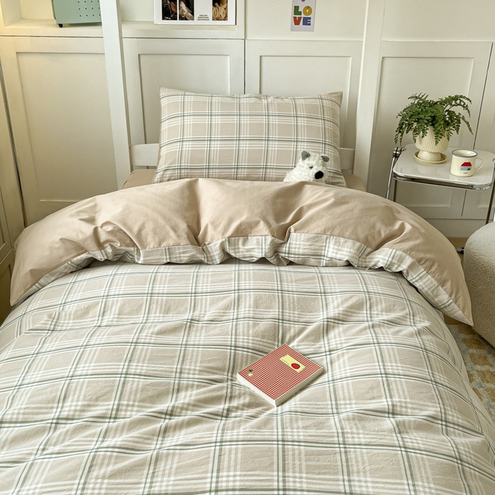 91家纺网 家纺一手货源 找家纺 ab家纺  2025新款40支A类水洗棉学生三件套 富士格-咖