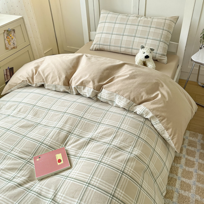 91家纺网 家纺一手货源 找家纺 ab家纺  2025新款40支A类水洗棉学生三件套 富士格-咖