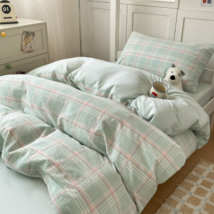 91家纺网 家纺一手货源 找家纺 ab家纺  2025新款40支A类水洗棉学生三件套 富士格-绿