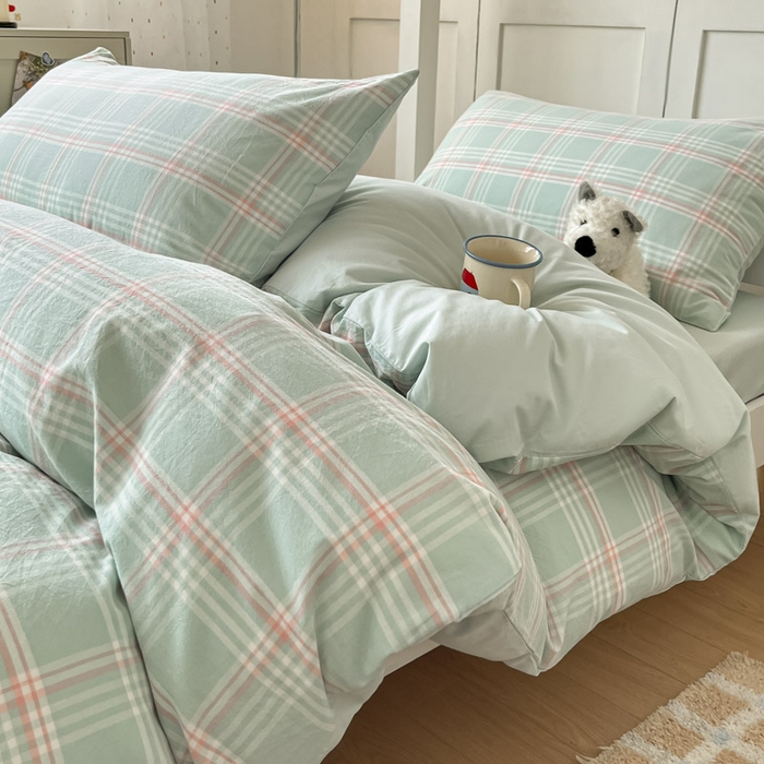 91家纺网 家纺一手货源 找家纺 ab家纺  2025新款40支A类水洗棉学生三件套 富士格-绿