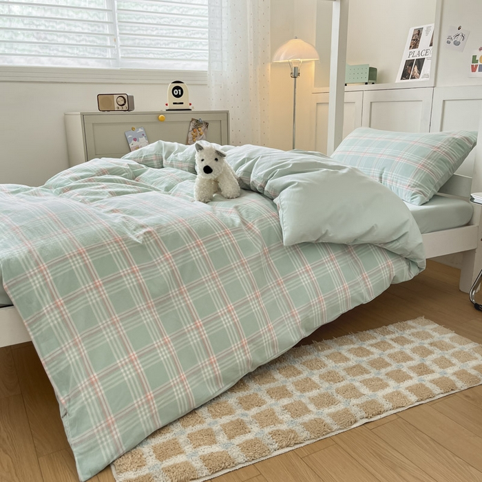 91家纺网 家纺一手货源 找家纺 ab家纺  2025新款40支A类水洗棉学生三件套 富士格-绿