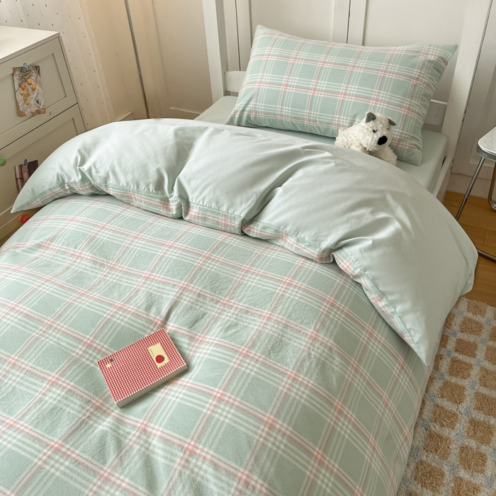 91家纺网 家纺一手货源 找家纺 ab家纺  2025新款40支A类水洗棉学生三件套 富士格-绿