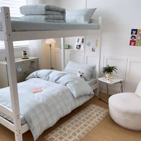 91家纺网 家纺一手货源 找家纺 ab家纺  2025新款40支A类水洗棉学生三件套 富士格-绿