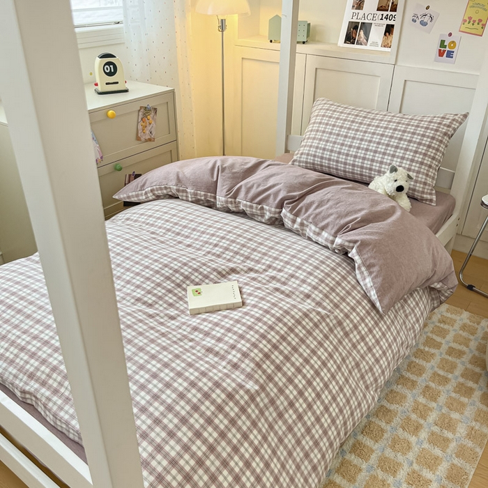 91家纺网 家纺一手货源 找家纺 ab家纺  2025新款40支A类水洗棉学生三件套 芷安灰紫