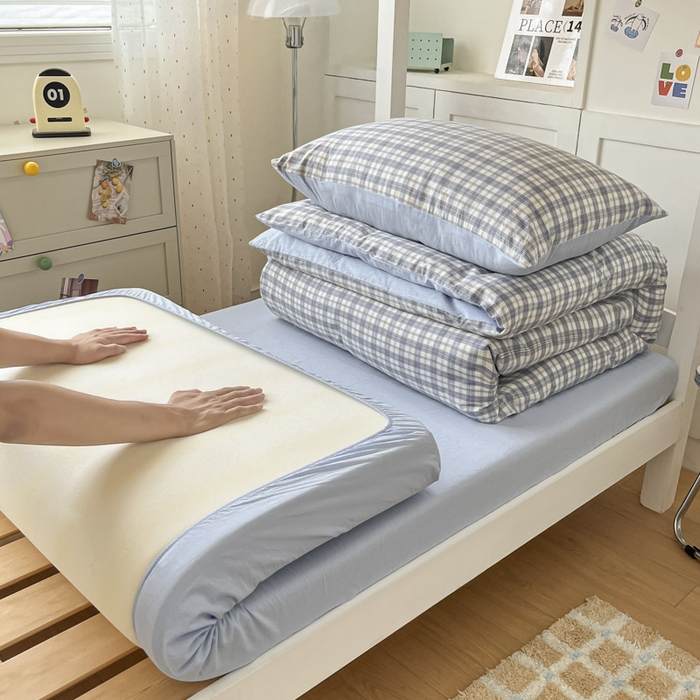 91家纺网 家纺一手货源 找家纺 ab家纺  2025新款40支A类水洗棉学生三件套 芷安蓝