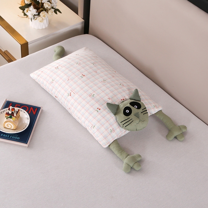 金牛枕2025新款全棉荞麦壳卡通枕头枕芯 哇塞猫-绿