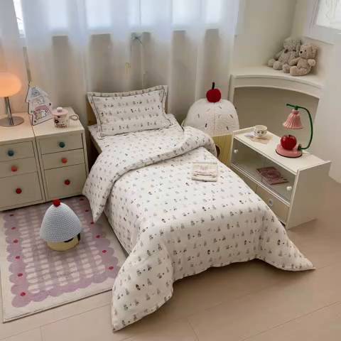 91家纺网 家纺一手货源 找家纺 简宜家居（朝初家纺） 2025新款幼儿园双层纱套件 彩色兔兔窝