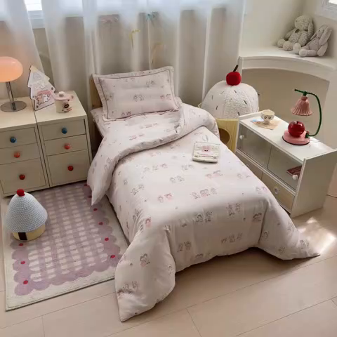 91家纺网 家纺一手货源 找家纺 简宜家居（朝初家纺） 2025新款幼儿园双层纱套件 粉萌伙伴