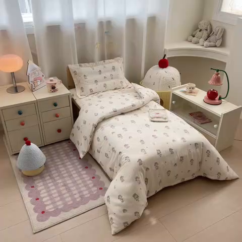 91家纺网 家纺一手货源 找家纺 简宜家居（朝初家纺） 2025新款幼儿园双层纱套件 稚趣女孩