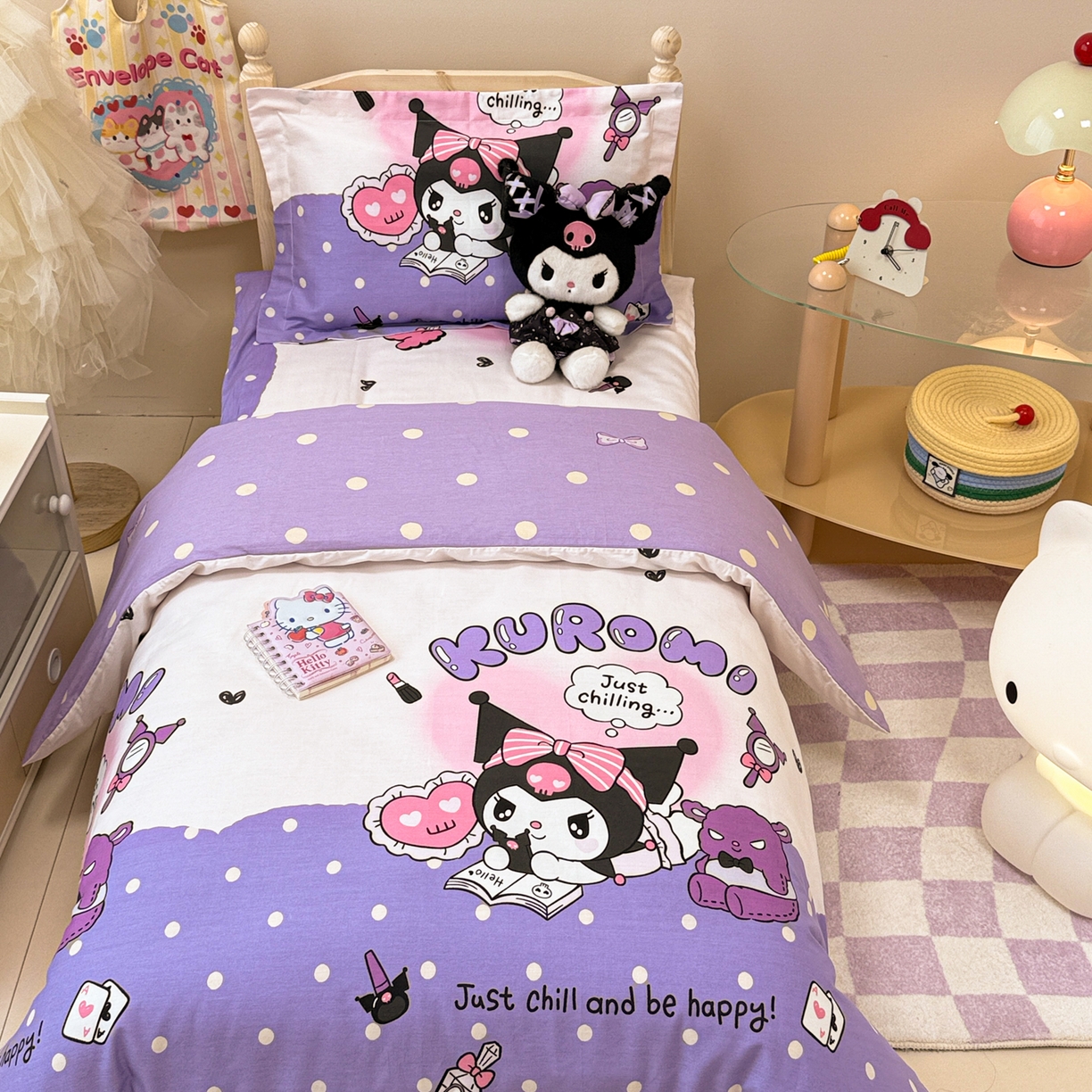 91家纺网 家纺一手货源 找家纺 简宜家居（朝初家纺） 2025新款三丽鸥花型幼儿园套件 库洛米紫