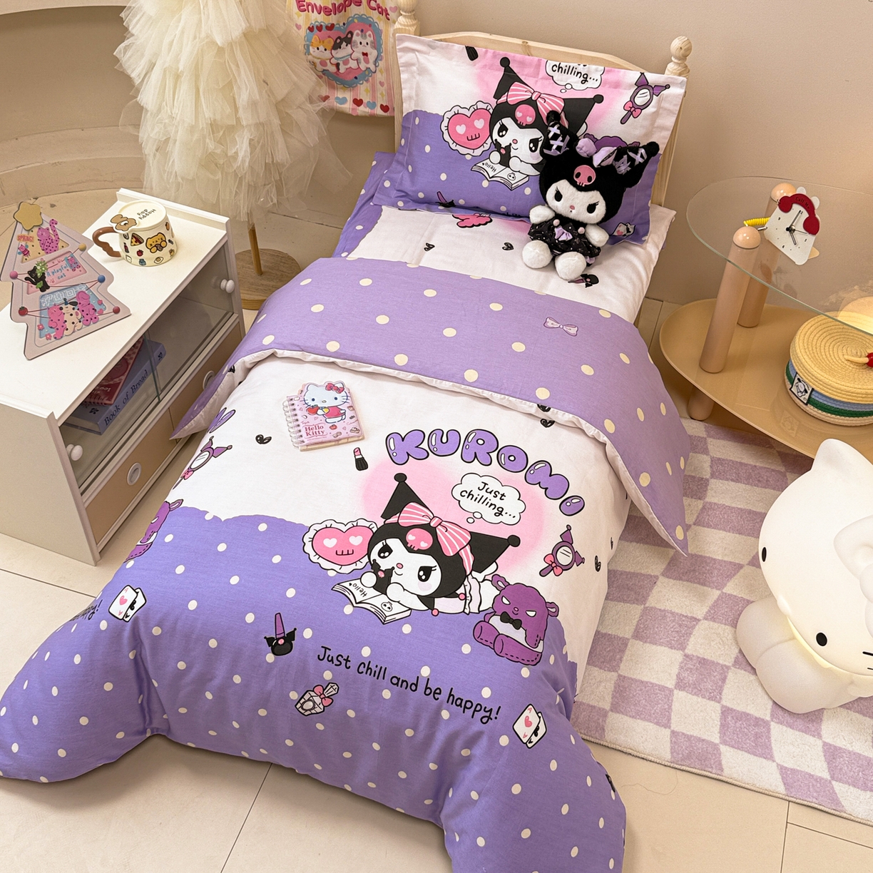 91家纺网 家纺一手货源 找家纺 简宜家居（朝初家纺） 2025新款三丽鸥花型幼儿园套件 库洛米紫