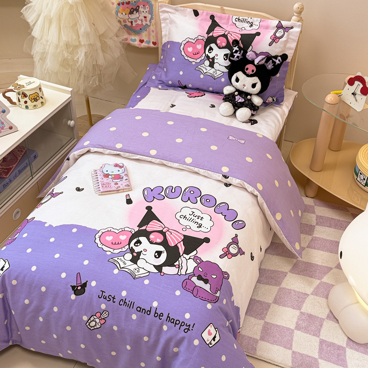 91家纺网 家纺一手货源 找家纺 简宜家居（朝初家纺） 2025新款三丽鸥花型幼儿园套件 库洛米紫