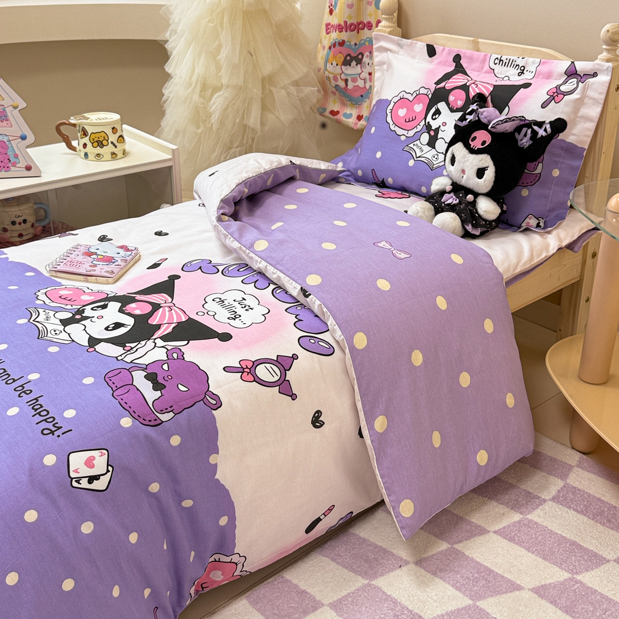 91家纺网 家纺一手货源 找家纺 简宜家居（朝初家纺） 2025新款三丽鸥花型幼儿园套件 库洛米紫