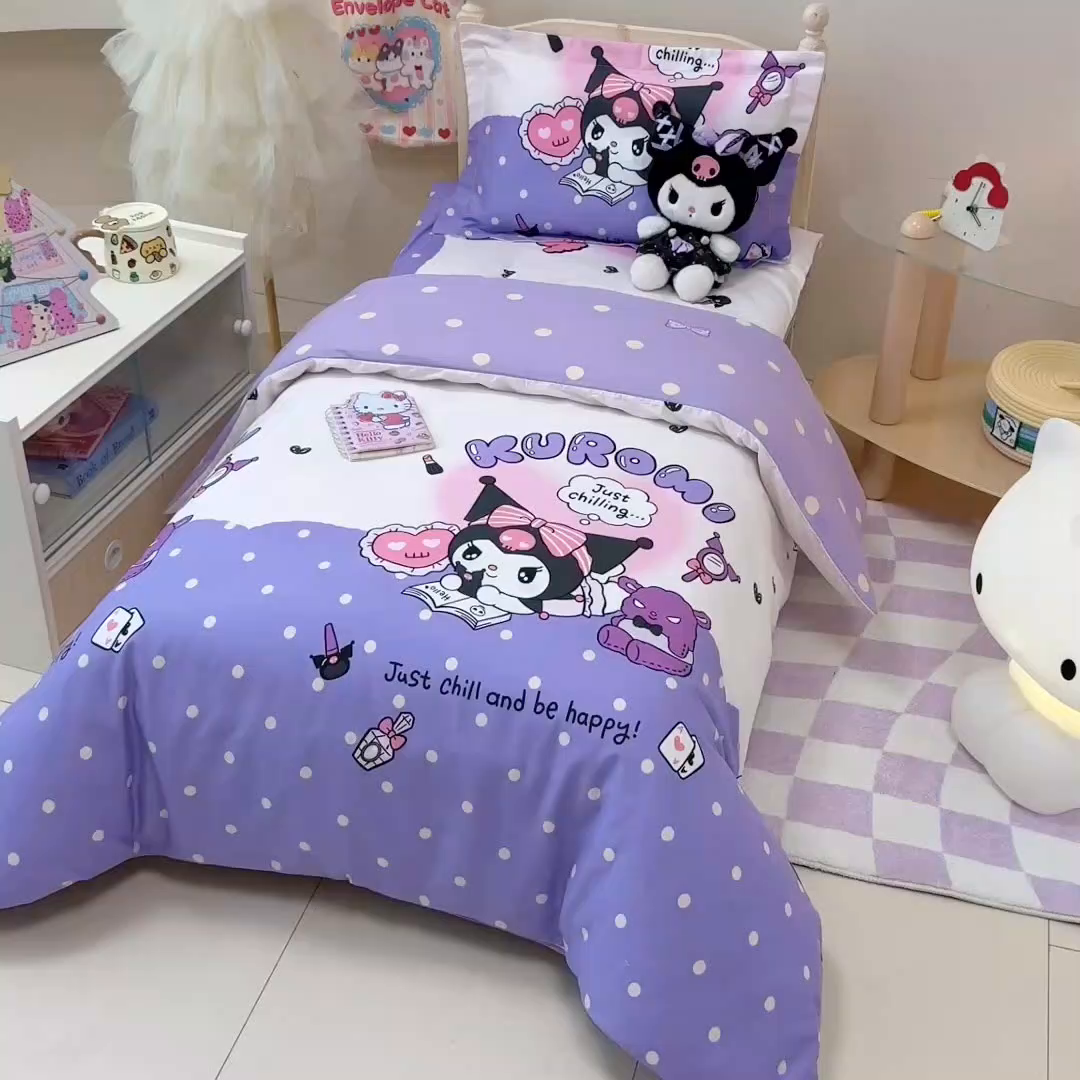 91家纺网 家纺一手货源 找家纺 简宜家居（朝初家纺） 2025新款三丽鸥花型幼儿园套件 库洛米紫