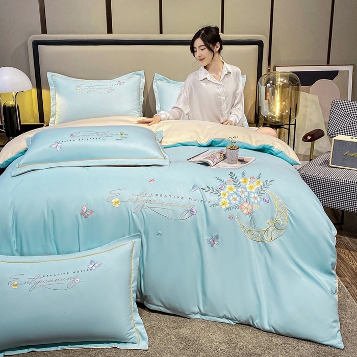 91家纺网 家纺一手货源 找家纺 大麦乐田 2025工艺款立体花绣花四件套-镜花水月 镜花水月蓝