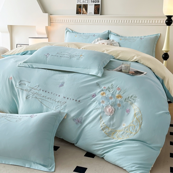 大麦乐田 2025工艺款立体花绣花四件套-镜花水月 镜花水月蓝