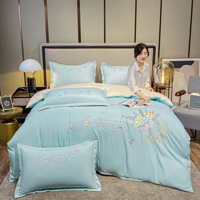 91家纺网 家纺一手货源 找家纺 大麦乐田 2025工艺款立体花绣花四件套-镜花水月 镜花水月蓝