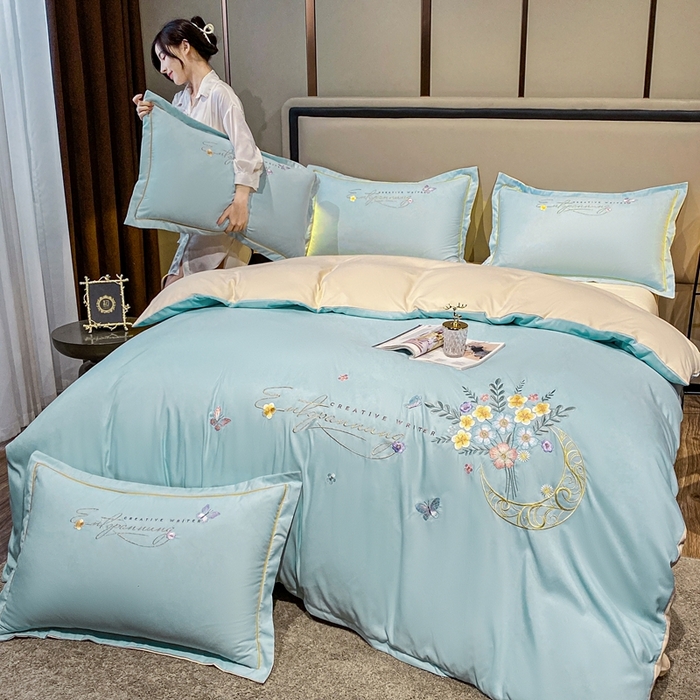 91家纺网 家纺一手货源 找家纺 大麦乐田 2025工艺款立体花绣花四件套-镜花水月 镜花水月蓝