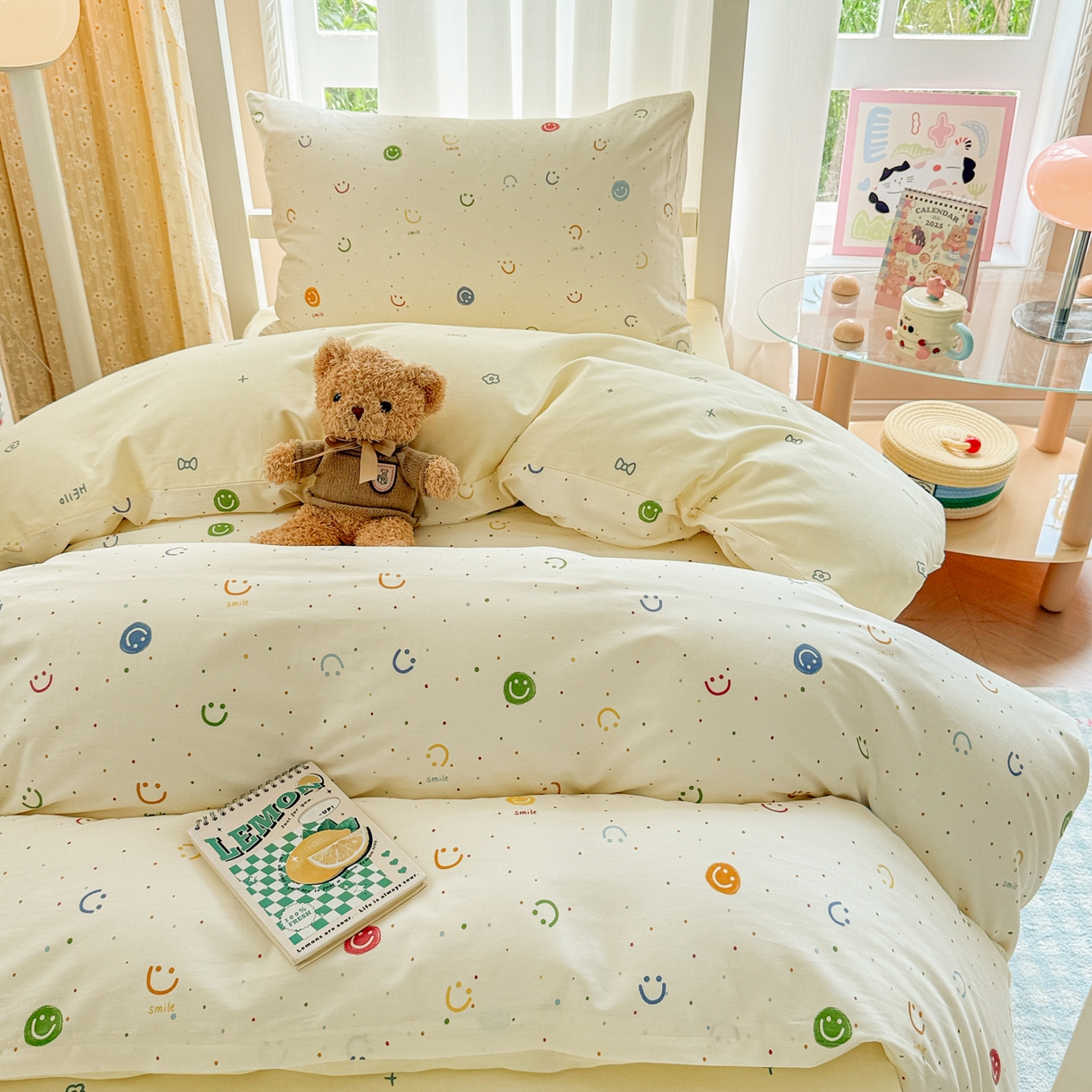 91家纺网 家纺一手货源 找家纺 呗旺鹿  2025新款学生床全棉纯棉卡通小清新三件套四件套 多彩笑脸