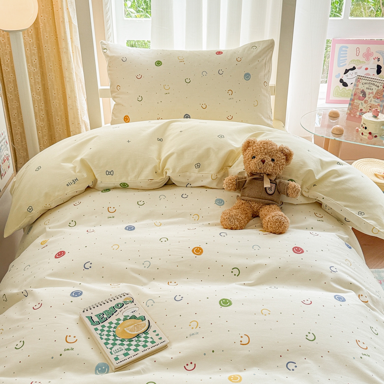 91家纺网 家纺一手货源 找家纺 呗旺鹿  2025新款学生床全棉纯棉卡通小清新三件套四件套 多彩笑脸