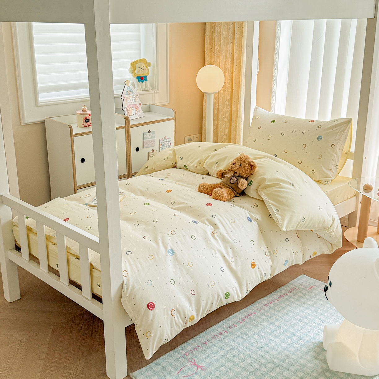 91家纺网 家纺一手货源 找家纺 呗旺鹿  2025新款学生床全棉纯棉卡通小清新三件套四件套 多彩笑脸