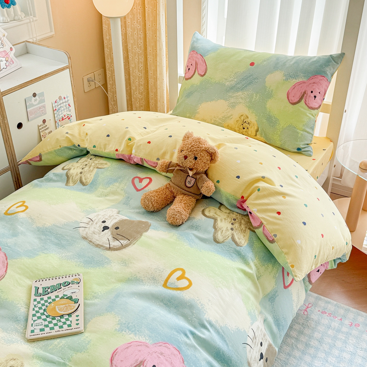 91家纺网 家纺一手货源 找家纺 呗旺鹿  2025新款学生床全棉纯棉卡通小清新三件套四件套 油画慕斯猫