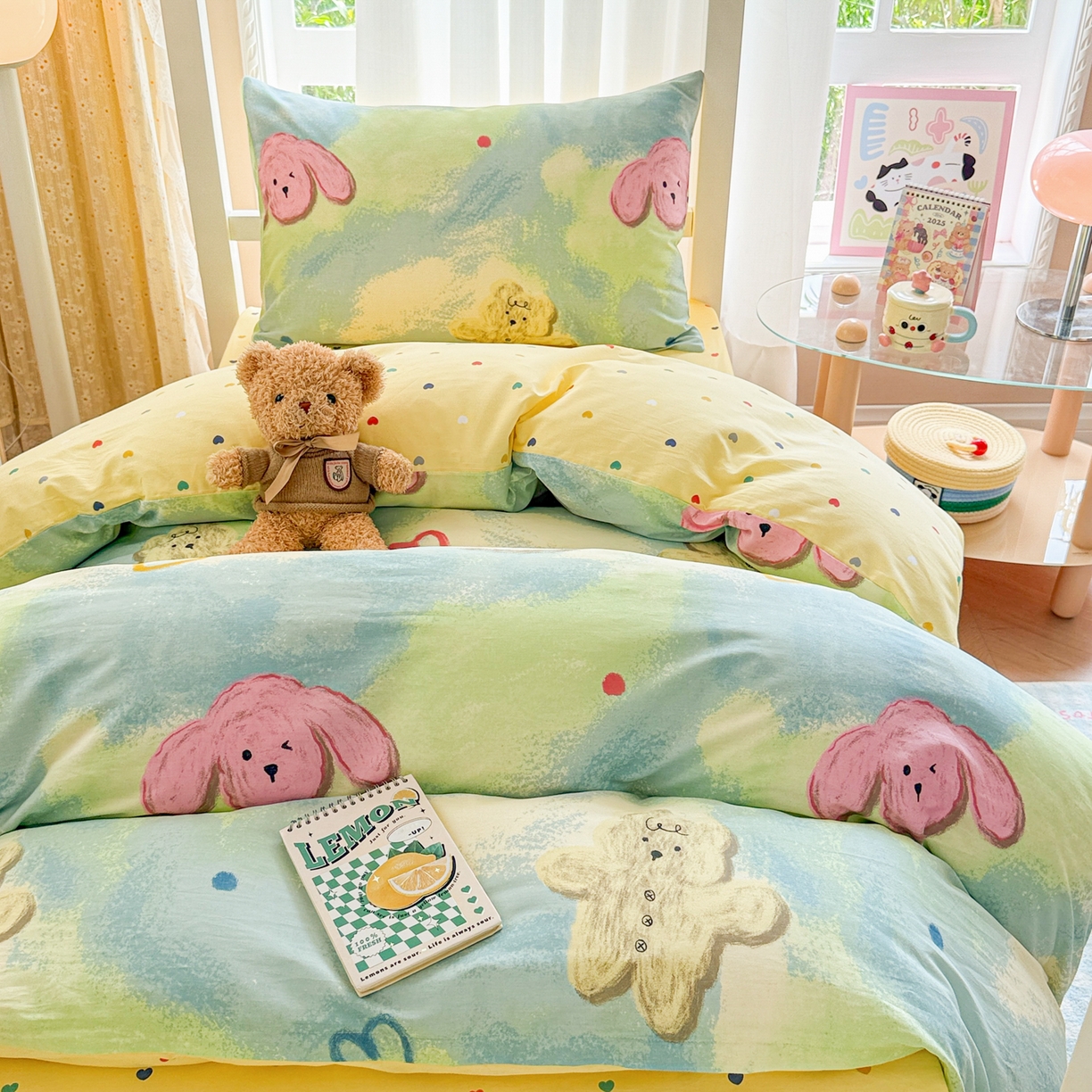 91家纺网 家纺一手货源 找家纺 呗旺鹿  2025新款学生床全棉纯棉卡通小清新三件套四件套 油画慕斯猫