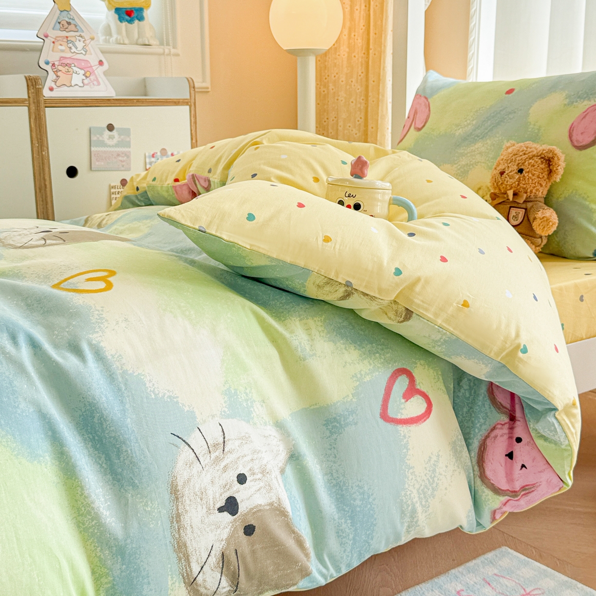 91家纺网 家纺一手货源 找家纺 呗旺鹿  2025新款学生床全棉纯棉卡通小清新三件套四件套 油画慕斯猫