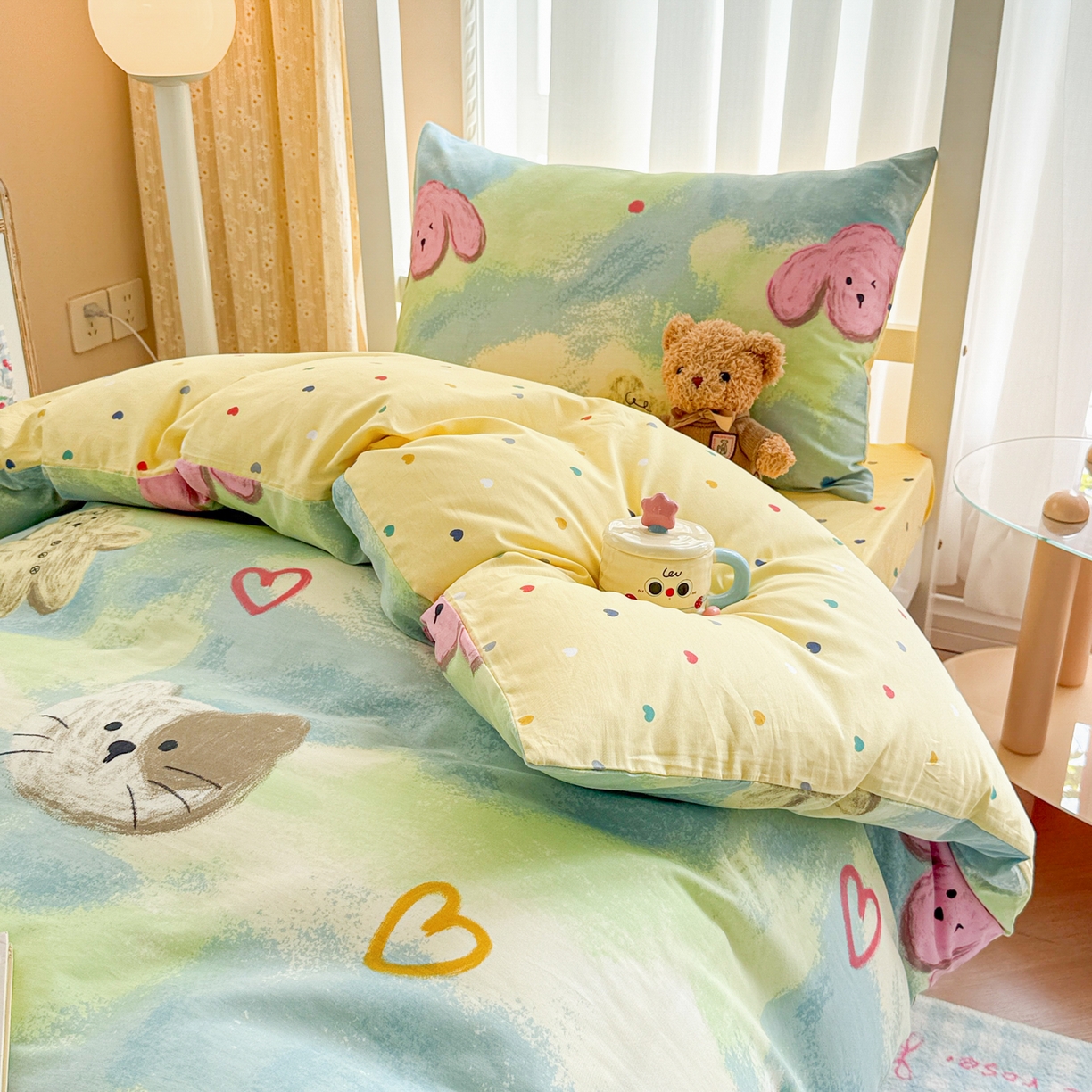 91家纺网 家纺一手货源 找家纺 呗旺鹿  2025新款学生床全棉纯棉卡通小清新三件套四件套 油画慕斯猫