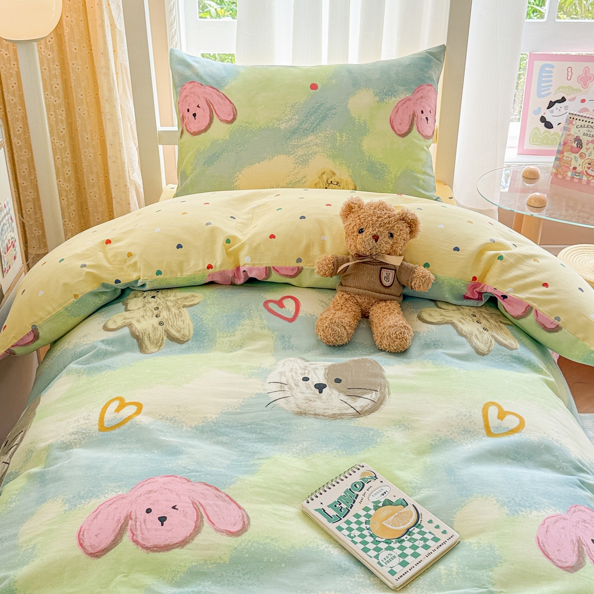 91家纺网 家纺一手货源 找家纺 呗旺鹿  2025新款学生床全棉纯棉卡通小清新三件套四件套 油画慕斯猫