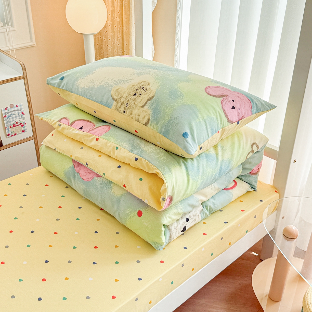 91家纺网 家纺一手货源 找家纺 呗旺鹿  2025新款学生床全棉纯棉卡通小清新三件套四件套 油画慕斯猫