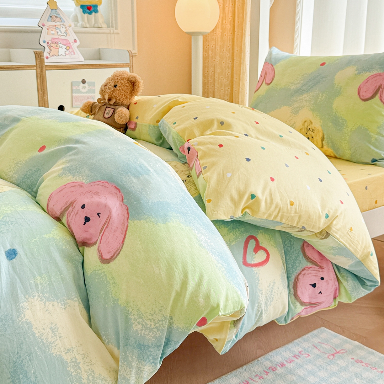 91家纺网 家纺一手货源 找家纺 呗旺鹿  2025新款学生床全棉纯棉卡通小清新三件套四件套 油画慕斯猫