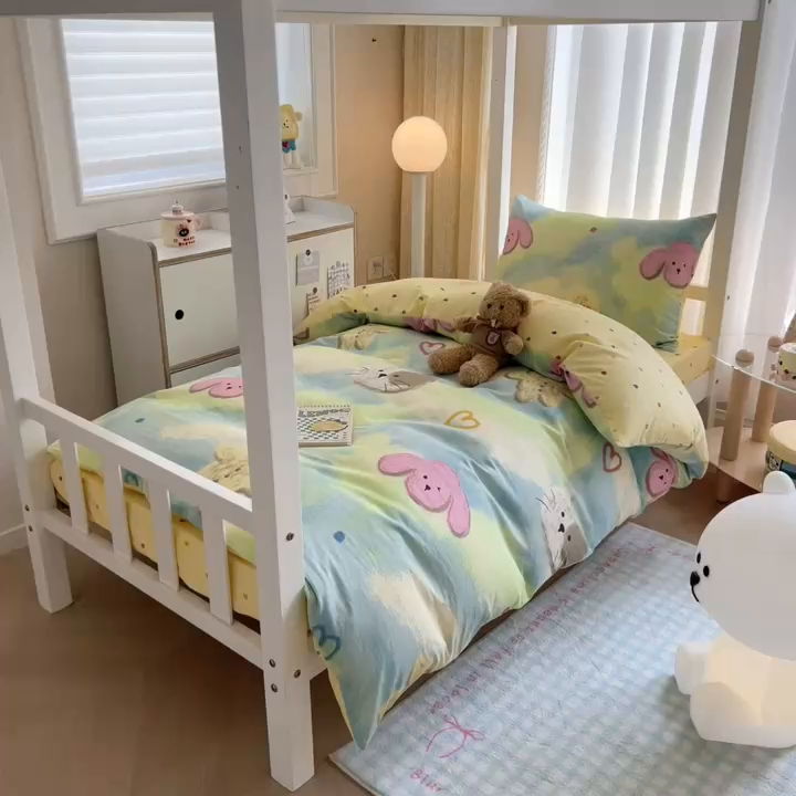 91家纺网 家纺一手货源 找家纺 呗旺鹿  2025新款学生床全棉纯棉卡通小清新三件套四件套 油画慕斯猫