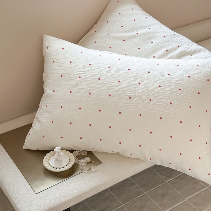 91家纺网 家纺一手货源 找家纺 山舍2025新款皱皱双层纱四件套 波尔卡红波点