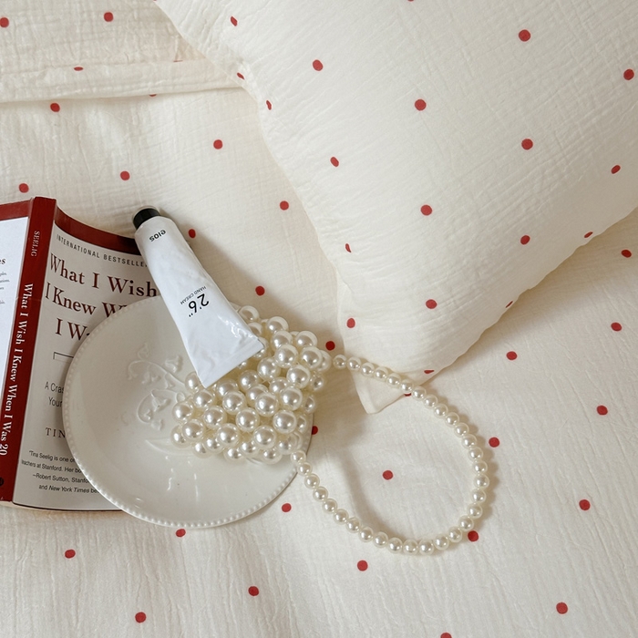 91家纺网 家纺一手货源 找家纺 山舍2025新款皱皱双层纱四件套 波尔卡红波点