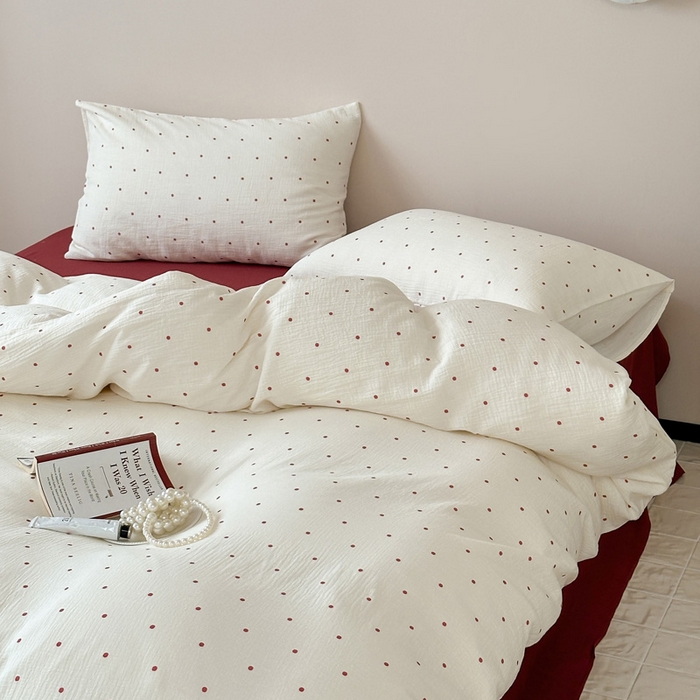 91家纺网 家纺一手货源 找家纺 山舍2025新款皱皱双层纱四件套 波尔卡红波点