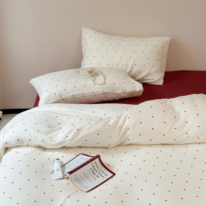 91家纺网 家纺一手货源 找家纺 山舍2025新款皱皱双层纱四件套 波尔卡红波点