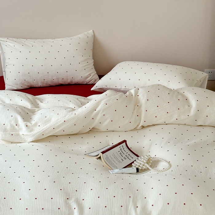 91家纺网 家纺一手货源 找家纺 山舍2025新款皱皱双层纱四件套 波尔卡红波点