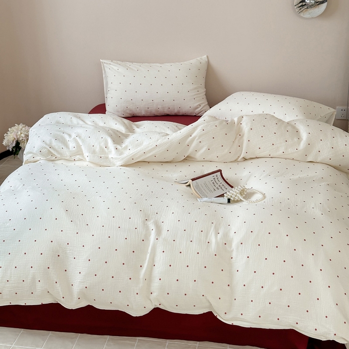 91家纺网 家纺一手货源 找家纺 山舍2025新款皱皱双层纱四件套 波尔卡红波点