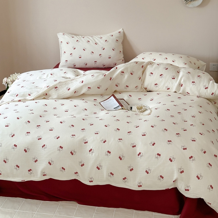 91家纺网 家纺一手货源 找家纺 山舍2025新款皱皱双层纱四件套 莫丽安红樱桃