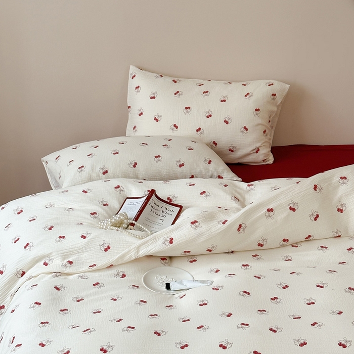 91家纺网 家纺一手货源 找家纺 山舍2025新款皱皱双层纱四件套 莫丽安红樱桃