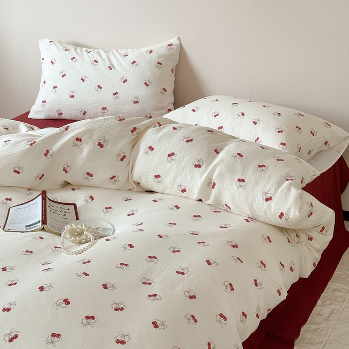 91家纺网 家纺一手货源 找家纺 山舍2025新款皱皱双层纱四件套 莫丽安红樱桃