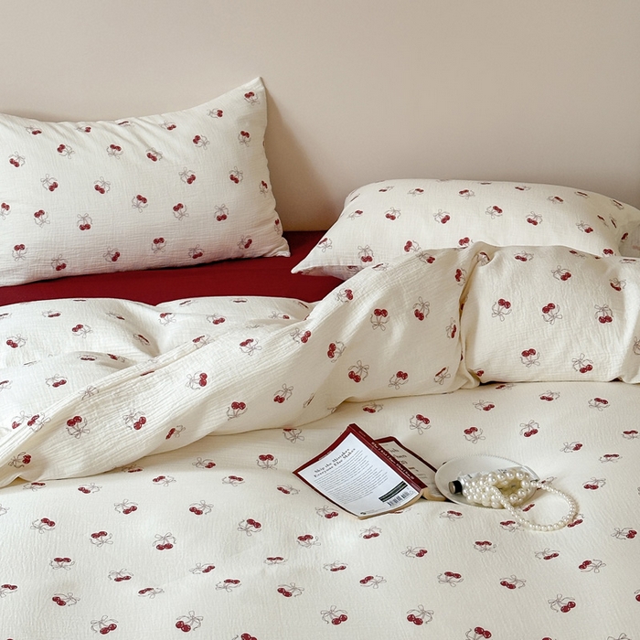 91家纺网 家纺一手货源 找家纺 山舍2025新款皱皱双层纱四件套 莫丽安红樱桃