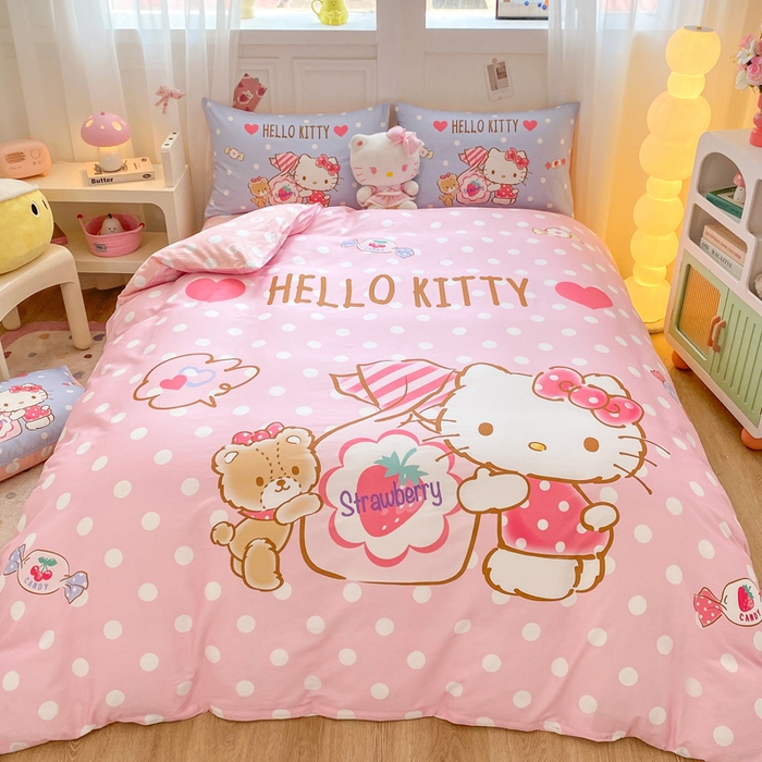 91家纺网 家纺一手货源 找家纺 博雅 2025春夏新款全棉纯棉三丽欧新款大板四件套 全棉大版（口袋枕）草莓糖果KT