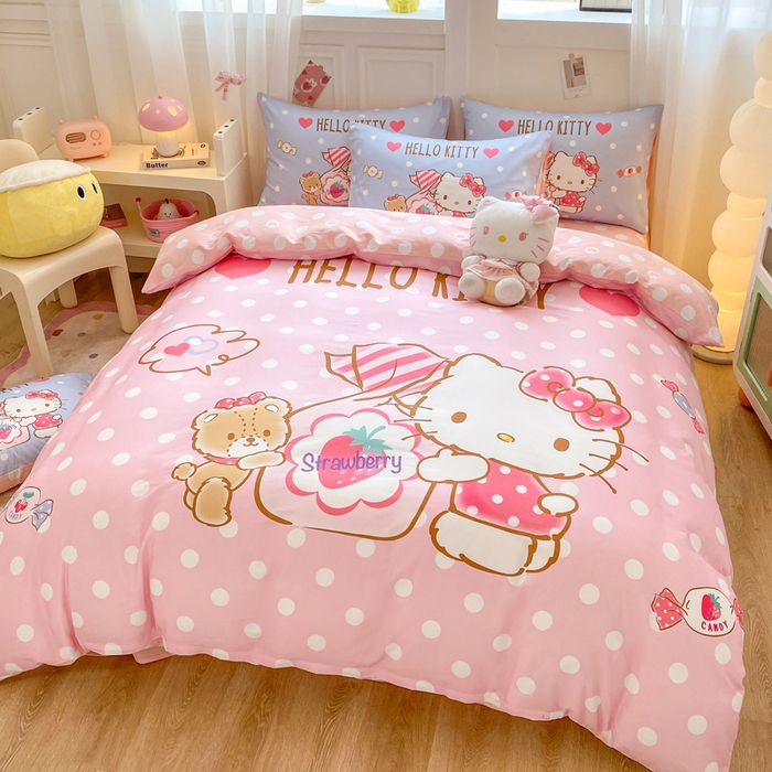 91家纺网 家纺一手货源 找家纺 博雅 2025春夏新款全棉纯棉三丽欧新款大板四件套 全棉大版（口袋枕）草莓糖果KT