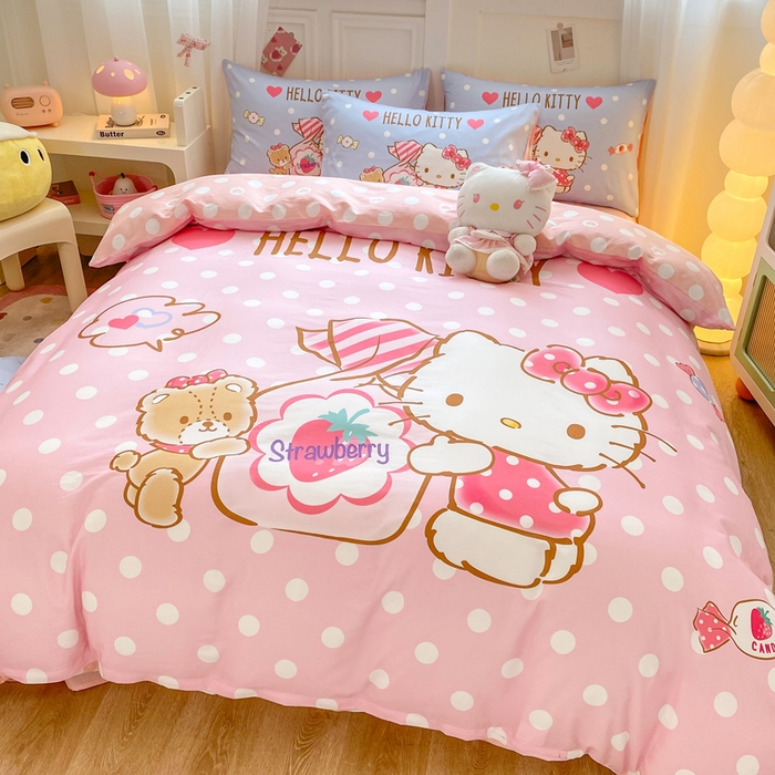 91家纺网 家纺一手货源 找家纺 博雅 2025春夏新款全棉纯棉三丽欧新款大板四件套 全棉大版（口袋枕）草莓糖果KT