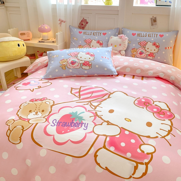 91家纺网 家纺一手货源 找家纺 博雅 2025春夏新款全棉纯棉三丽欧新款大板四件套 全棉大版（口袋枕）草莓糖果KT